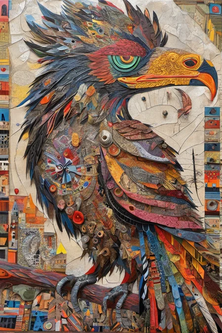 (Wonderful, intricate), (colorful), (a superb Art Brut Decollage art, Lycanthropic Phoenix), (in a wonderful place),  (High quality, Highly detailed, Sharp focus, 8K UHD, Hasselblad H5D-200c, Art photography)