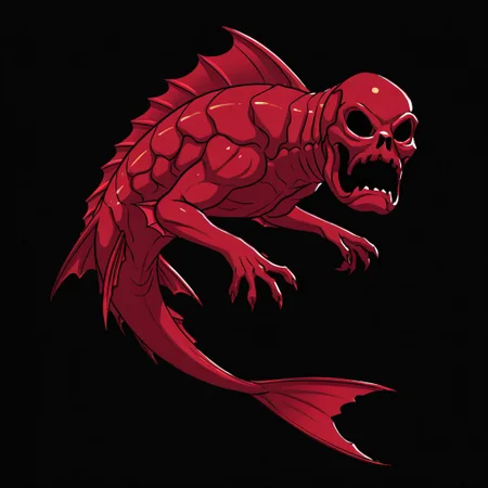 masterpiece, high quality, absurdres, 
CreepyRed, creepyred2, monochrome, skeleton, 1boy, 2 arms, 3-clawed hands, fins, flippers, caudal fin, dorsal fin, pectoral fin, red skin, solo, hollow eyes, monster, without legs, no legs, tail, claws, no humans, fish,