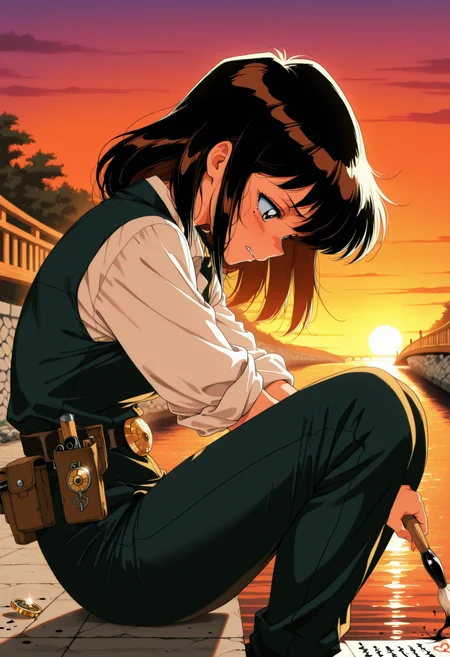masterpiece,best quality,amazing quality,absurdres, modernretroanime, 1girl, solo, retro artstyle, Side View, Biting lip mark on a letter, Sunset-lit bridge over a river, Dreamy, soft-focus glow, School uniform with rolled-up sleeves, Sharpening a blade while humming, Calligraphy brush and inkstone, Distant festival music in the background, Walking forward with a determined expression, Hardworking Office Lady, Accidentally waving at a stranger, Frustrated biting of the lip, Secretive loner, Secret underground base, Ninja outfit with mask and utility belt, sitting hugging knees, head down, Locket with a secret compartment