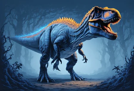 tiny t-rex, a beautifully crafted illustration in blue light, featuring intricate details, rich colors, and dynamic lighting that enhances depth and mood