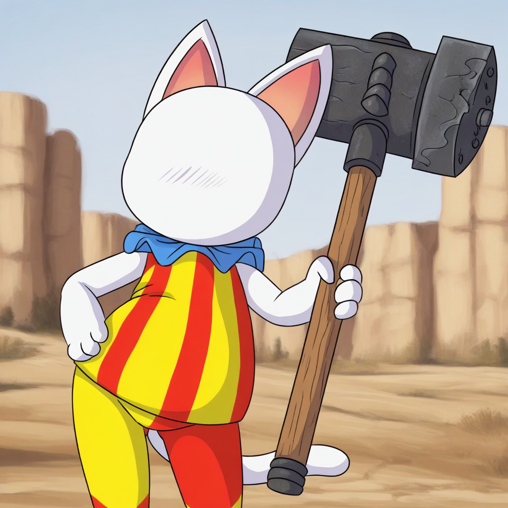 High quality, amazing detail, furry, Blanca, cat, white fur, white body, faceless, blank face, furry female, solo, clown outfit, leaning on giant hammer handle, holding giant hammer, outside