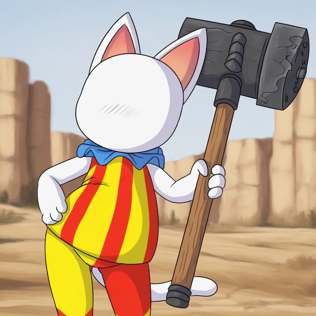 High quality, amazing detail, furry, Blanca, cat, white fur, white body, faceless, blank face, furry female, solo, clown outfit, leaning on giant hammer handle, holding giant hammer, outside