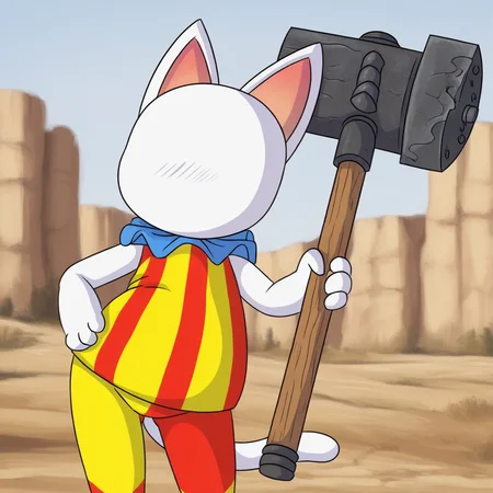 High quality, amazing detail, furry, Blanca, cat, white fur, white body, faceless, blank face, furry female, solo, clown outfit, leaning on giant hammer handle, holding giant hammer, outside