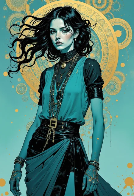 A digital illustration featuring a paint style of James C. Christensen,ethereal minimalist Alien race cybergoth fashion photography painting, in the style of teal and gold, use of palette knives, waist-high portrait, intricate, concept art, background zentangle fog.