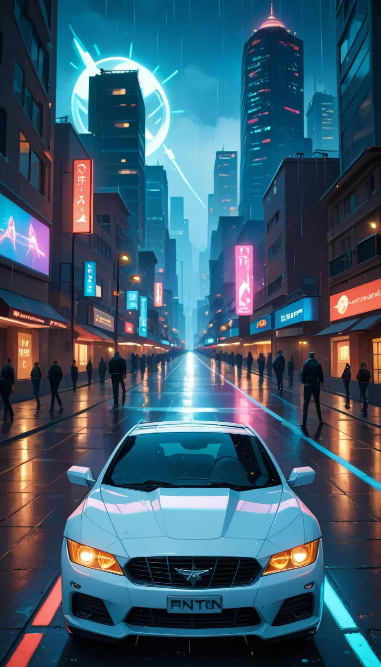 score_9, score_8_up, score_7_up, In a futuristic neon-lit city, a sleek sports car rests on a wet street, its lights reflecting off the glistening pavement. Above, an enormous, angular spaceship hovers ominously between towering skyscrapers, its glowing accents adding to the electric ambiance. The streets are alive with silhouettes of people gazing in awe, their faces illuminated by vibrant holographic signs and rain-soaked lights. The air feels charged with mystery and potential, as if something extraordinary is about to unfold. 4n1v3rs3, depth of field, dynamic angle, sharp, hyperdetailed:1.15