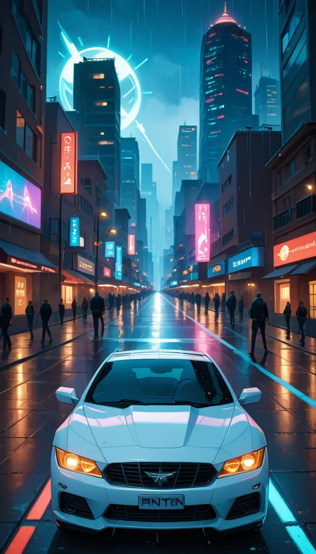 score_9, score_8_up, score_7_up, In a futuristic neon-lit city, a sleek sports car rests on a wet street, its lights reflecting off the glistening pavement. Above, an enormous, angular spaceship hovers ominously between towering skyscrapers, its glowing accents adding to the electric ambiance. The streets are alive with silhouettes of people gazing in awe, their faces illuminated by vibrant holographic signs and rain-soaked lights. The air feels charged with mystery and potential, as if something extraordinary is about to unfold. 4n1v3rs3, depth of field, dynamic angle, sharp, hyperdetailed:1.15