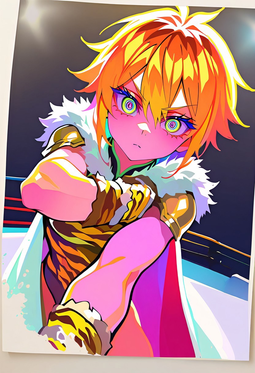 safe_pos, masterpiece,best quality,absurdres, amazing quality, hi res, masterpiece, best quality, detailed, amazing quality, detailed face, detailed eyes, clean eyes, best quality, highres, very aesthetic, newest, ultra-detailed, illustration, (best quality:1.1),ultra-detailed, high resolution, super detailed skin, beautiful detailed eyes, nsfw, Brightly Lit, Highly Visible, 8k, sharp focus, beautiful, perfect lighting, beautiful eyes, anatomically correct, anatomically correct face, extremely detailed eyes, smooth edges, beautiful face, symmetrical eyes, symmetrical face, BREAK, StainedArt_IL, sketch, paint splatter, Spill Art, coffee spill art, dissolving, stainedart_il, dynamic angle, 1girl, solo, looking at viewer, orange hair, wild hair, wrestler, costume, tiger print, fur trim, leather wrist guard, cape, shoulder pads, intense expression, mouth open, wrestling ring, spotlight, pose