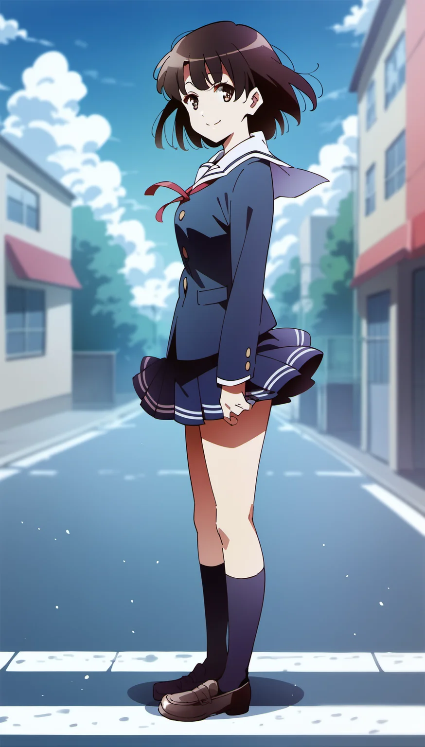 score_9,score_8_up,score_7_up,
<lora:megumikato:0.9>,
megumikato,
1girl,solo,black hair,bangs,short hair,
brown eyes,pupils, smile,
blue school blazer,red ribbon tie,long sleeves,pleated skirt,
purple kneehighs,brown leather shoes,
full body,standing,
blurry background,vignetting,bloom,light particles,outdoors,blue sky,cloud,wind,street,