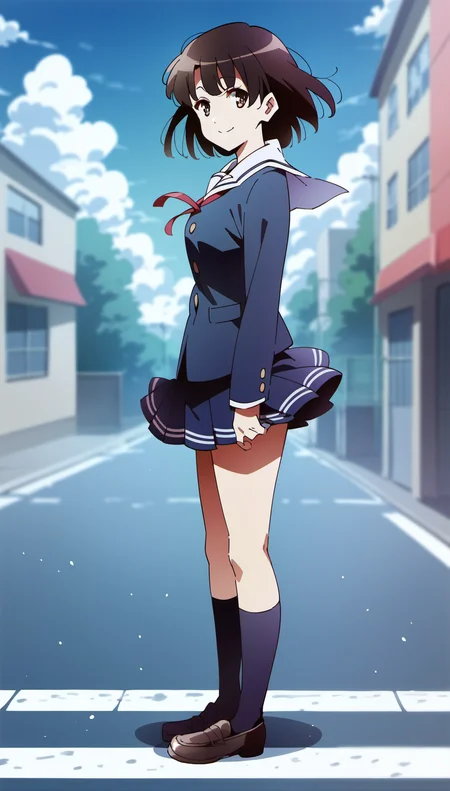 score_9,score_8_up,score_7_up,
<lora:megumikato:0.9>,
megumikato,
1girl,solo,black hair,bangs,short hair,
brown eyes,pupils, smile, 
blue school blazer,red ribbon tie,long sleeves,pleated skirt,
purple kneehighs,brown leather shoes,
full body,standing,
blurry background,vignetting,bloom,light particles,outdoors,blue sky,cloud,wind,street,
