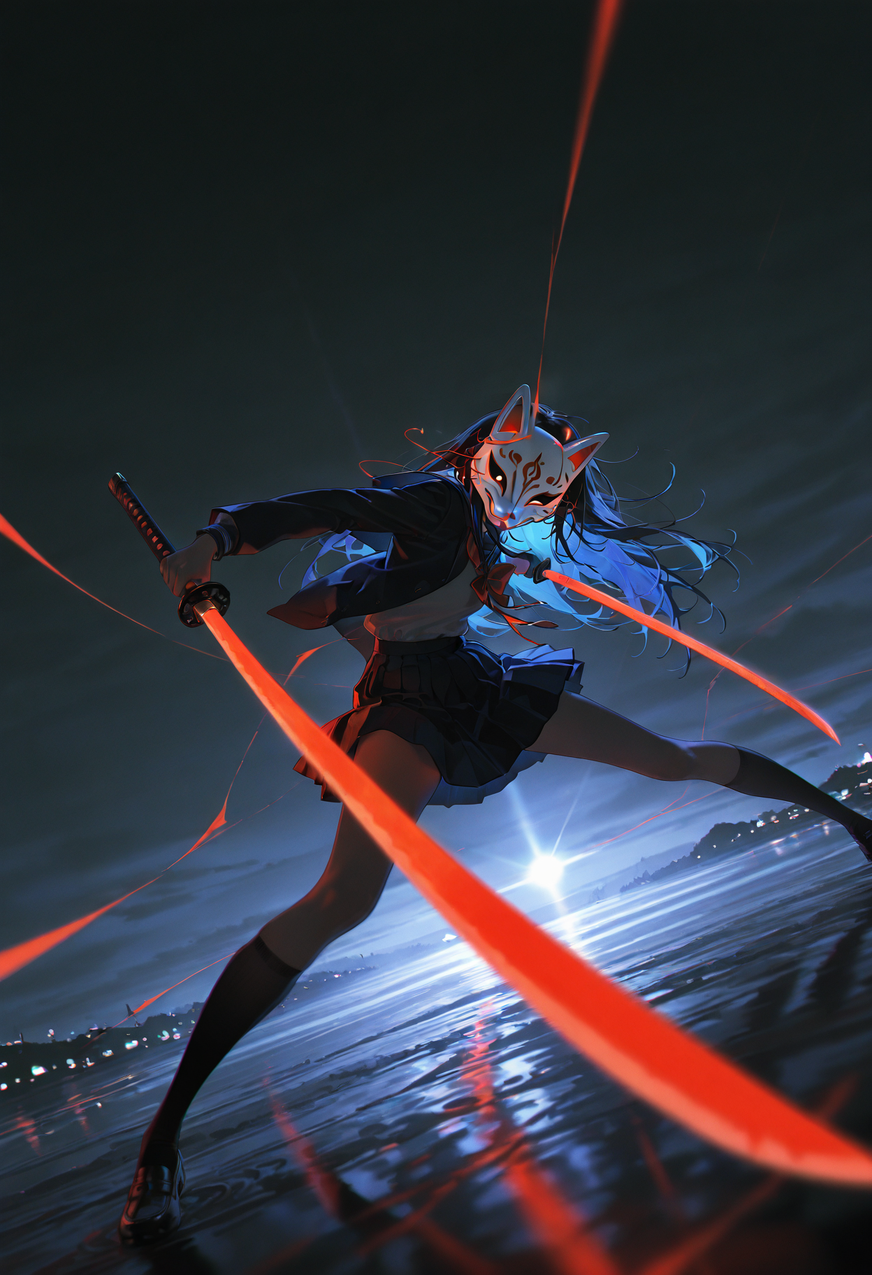 masterpiece, best quality, amazing quality, very aesthetic, absurdres, newest, scenery, 1girl, dutch angle, pose, fox mask, school uniform, holding katana, motion blur, motion lines, hazy air, dark theme, hdr, (chromatic aberration, polarized:1.2), vivid color light, blurry foreground, masterpiece, best quality, amazing quality, very aesthetic, absurdres, newest, scenery,