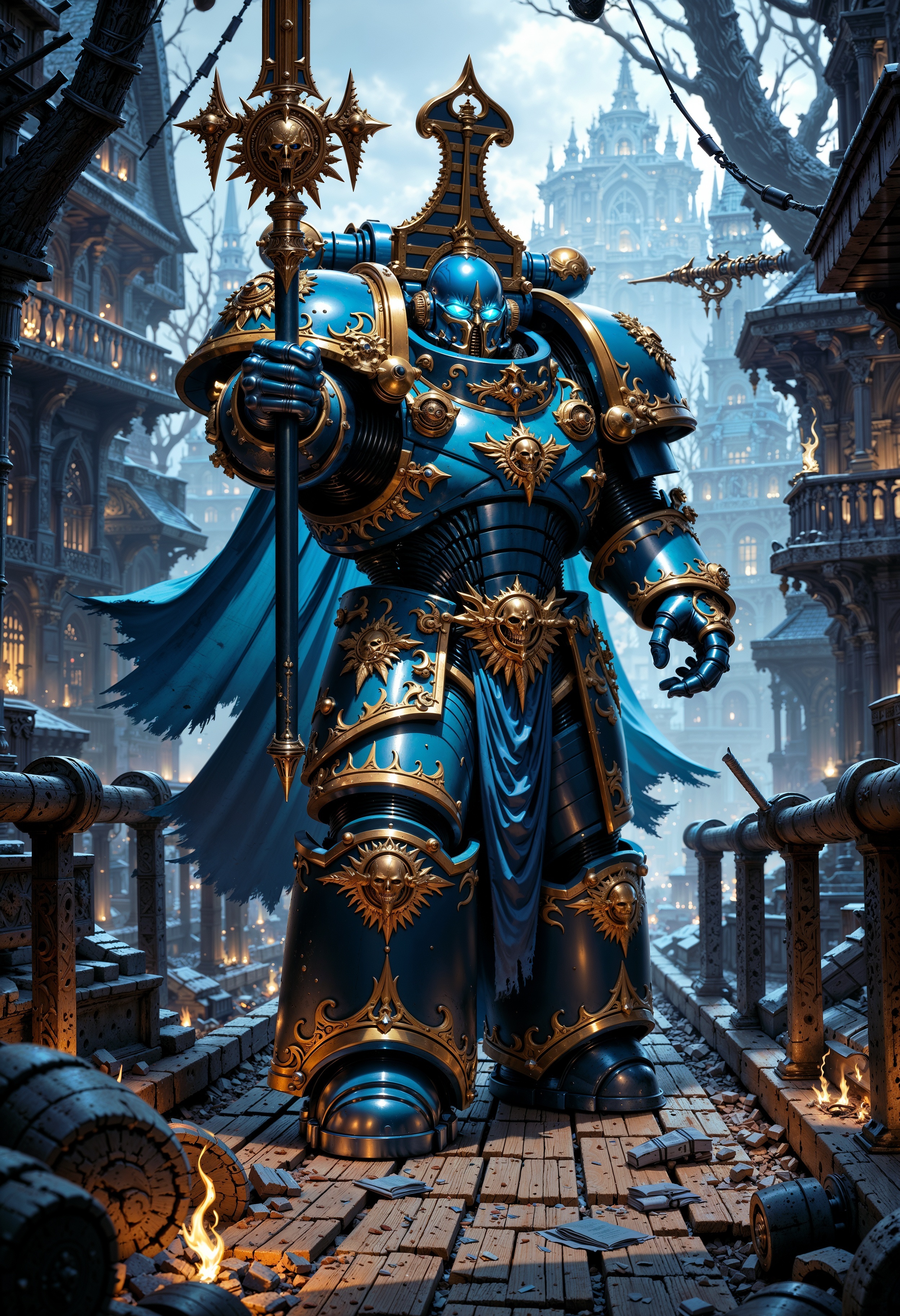 A Powerful ThouS40k space marine, draped in tattered, blue-gold power armor that pulses with a faint, eerie glow, stands on a creaking wooden bridge. He points the tip of a massive, rune-etched spear menacingly at the camera, the blade crackling with dark energy. Shadows swirl around him, and the misty air is thick with tension. blue flames flicker within his hollow eyes, reflecting the bridge's warped, splintered planks, over the sword camera view <lora:FluxThouS40k:0.8> <lora:FluxMythP0rtr4itStyle:0.7>