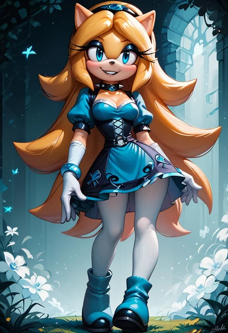 score_9, score_8_up, score_7_up, score_6_up, g0thicPXL, 1girl, 1girl, solo, goth girl, maria_robotnik, sonic_(series), hedgehog_girl, eyeliner, eyeshadow, blue eyes, long blond hair, hairband, black lips, seductive smile, pretty face, spiked collar, white_gloves, blue dress, puffy sleeves, medium skirt, shoes, blue foot wear, sexy pose, smile, grin, cute, sexy pose, lewd expression, wide hips, medium breasts, standing, biting one of her nails.