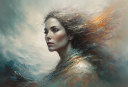 Wind Whisperer woman, controlling air currents, floating gracefully. megalithic structures. muted in color with subtle tones and is an intense fusion of raw emotion and visceral imagery style.