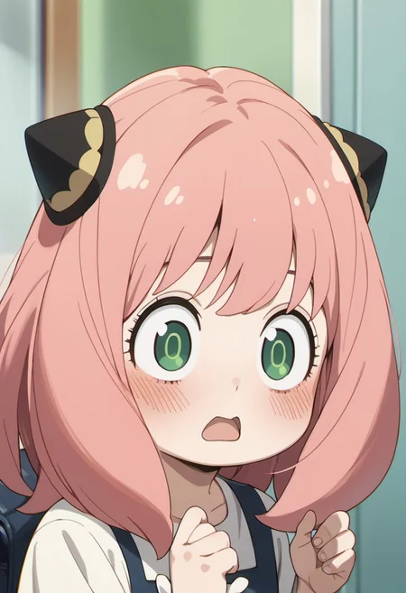 score_9, score_8_up, score_7_up, source_anime, anya forger, pink hair, female child, child, green eyes, medium hair, blush, 1girl, wide-eyed, 1boy, open mouth, hand up