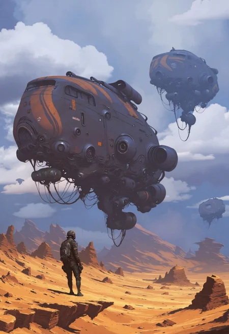Art by Alejandro Burdisio, Imagine a futuristic, desert-like landscape with a sci-fi theme. The central focus is a large spacecraft. In the foreground, on the left, stands a humanoid figure in a futuristic, armored suit with a helmet, possibly a pilot or a crew member. The figure is silhouetted against the sun, casting a shadow, and appears to be gazing upward at the spacecraft. The background features a vast, arid desert with scattered rocks and a few small, rugged mountains in the distance. Two additional spacecraft, similar in design to the central one, are visible in the background, hovering in the sky. The overall atmosphere is one of awe and anticipation, suggesting a moment of arrival or exploration in a distant, alien world. The atmosphere is serene yet awe-inspiring, with a mystical, almost dreamlike quality. Retro sci-fi, floating vintage cars. The composition is cinematic, with a sense of scale that emphasizes the sheer grandeur of the ship against the timeless landscape. High detail, ultra-textured, 8K resolution, atmospheric depth, concept art. anime, cyberpunk, DB4RZ, DB4RZ style painting, in the style of cksc
