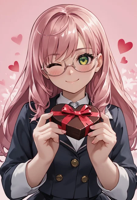 score_4,score_5,score_6,score_7_up,score_8_up,score_9 ((masterpiece,best quality,ultra detailed,highres,HD,4k:1.2)),
1girl, solo,solo focus,girl focus,face focus,
Isola(Normal),long hair,straight hair,pink hair,green eyes,glasses,
pov,from the front, front view, front angle,
Happy Valentine's Day, Valentine's chocolate, holding wrapped chocolate,
heart background,
blush,((wink:1.1)), smile, happy, shy,closed mouth,