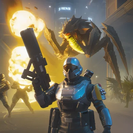 helldivers, city, 1girl, holding weapon, fire <lora:helldivers:0.7>