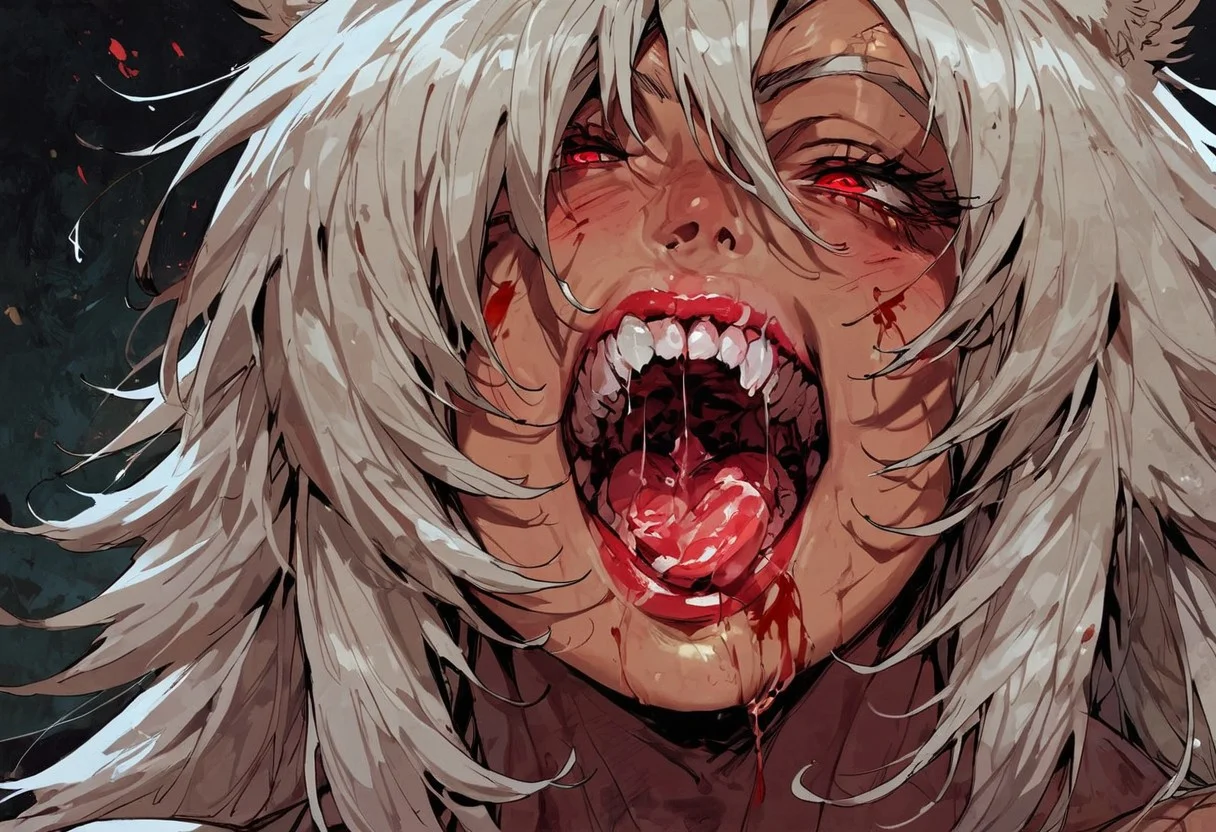 score_9, score_8_up, score_7_up, 1girl, black hair, solo, blood, red eyes, tongue, teeth, open mouth, long hair, blood on face, close-up, <lora:Fant5yP0ny:0.8>, ghislaine dedoldia, visible breast, bimbo lips, transparent saliva dripping, seductive look, holding her cheeks, super lovely,