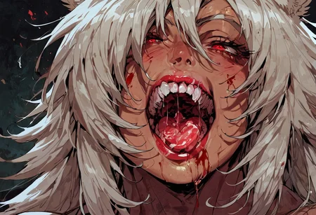 score_9, score_8_up, score_7_up, 1girl, black hair, solo, blood, red eyes, tongue, teeth, open mouth, long hair, blood on face, close-up, <lora:Fant5yP0ny:0.8>, ghislaine dedoldia, visible breast, bimbo lips, transparent saliva dripping, seductive look, holding her cheeks, super lovely,