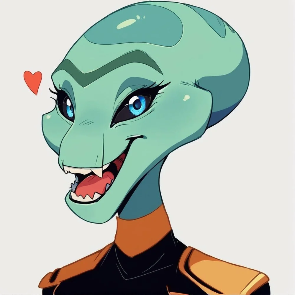score_9, score_8_up, score_8,source_furry,
1girl,
solo,
furry female,
alien,
looking at viewer,
smile,
uniform,
black uniform,
gold trim,
green skin,
green body,
upper body,
open mouth,
bald,
standing,
teeth,
<blue eyes:1.5>,
<black sclera:1.5>,
<simple background:1.5>,
<white background:1.5>,
<lora:Grand_Councilwoman_Pony_SDXL:1> grand_councilwoman,
<lora:90s4n1m3XLP:1> 90s4n1m3, happy,
smile,
teeth,
tongue