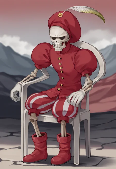 score_9, score_8_up, score_7_up, source_anime BREAK 1boy, solo,
<lora:zs_DavidXL:1> davidsmt, skeleton, red beret, red jacket, puffy sleeves, striped shorts, boots, no humans,
<lora:PlasticChair_XLPD:1> plastic chair, sitting, leaning, outdoors, cloud, mountain, rock, red sky