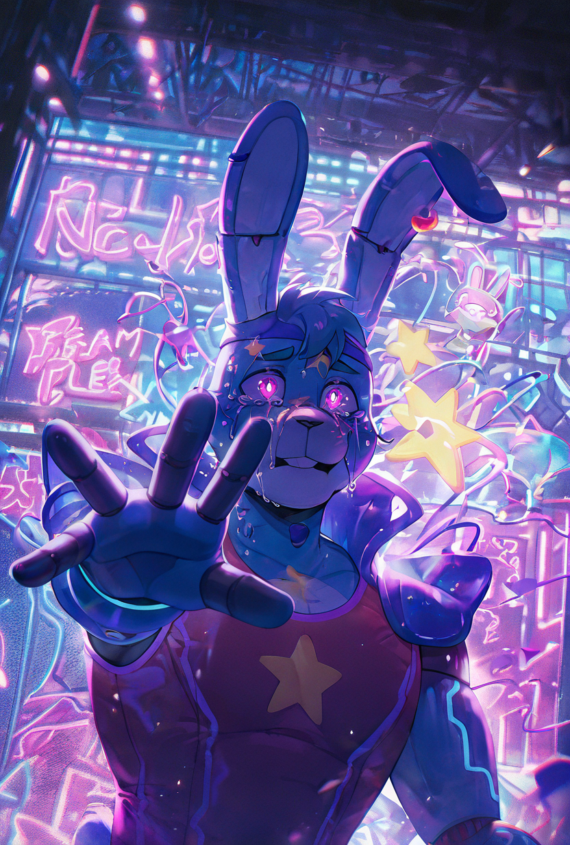 <lora:glambon-10:1> glambon, rabbit ears, cyan skin,, male focus, red swim suit, sleeveless, , solo, star (symbol), robot, furry, <lora:WSSKX_WAI:1> neon lights, mega plex, neon mall, crying, upper body, light on face, dynamic pose, reaching out, bright face, dutch angle, ray tracing,, masterpiece, best quality, amazing quality, very aesthetic, absurdres, newest,