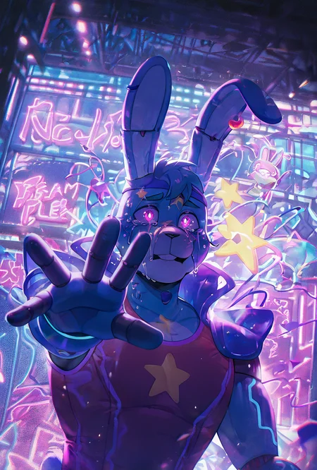 <lora:glambon-10:1> glambon, rabbit ears, cyan skin,, male focus, red swim suit, sleeveless, , solo, star (symbol), robot, furry, <lora:WSSKX_WAI:1> neon lights, mega plex, neon mall, crying, upper body, light on face, dynamic pose, reaching out, bright face, dutch angle, ray tracing,, masterpiece, best quality, amazing quality, very aesthetic, absurdres, newest,