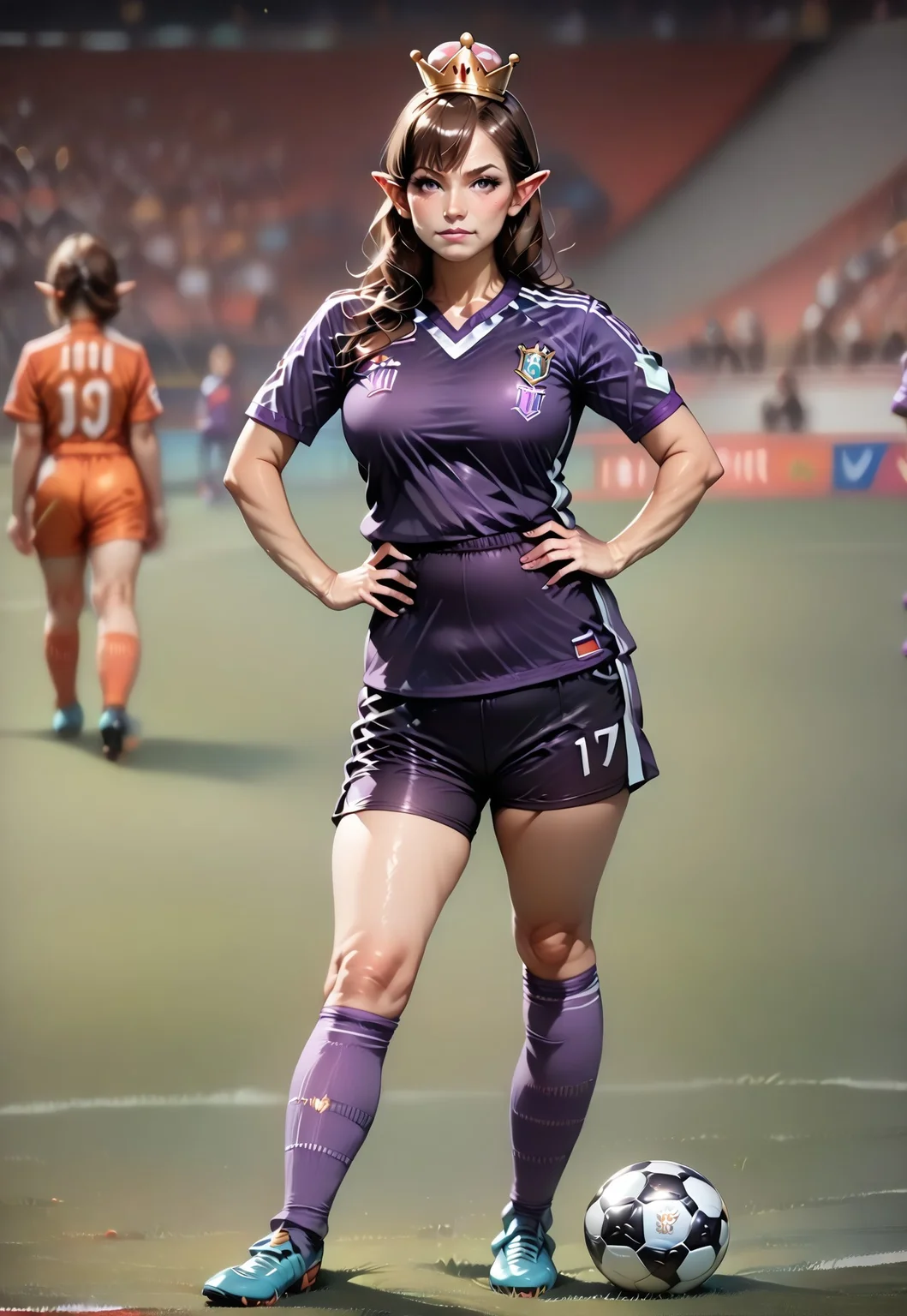 {genderswap \(mtf\), solo:3.0, ((adult:3.0)), mature female, full body, Waluigi, no mustache:2.0, pointy ears, face framing bangs, brown hair, small bust:2.0, crown, super crown, soccer uniform, tight shorts, shin guards, purple uniform, gold accents, standing, standing upright:2.0, }
4kFacePonyXL, anime style:3.0, style-princess,