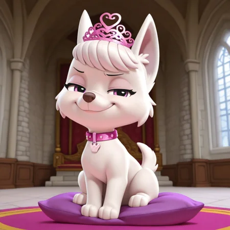 Sweetie(PP), solo, 1girl, feral, dog, dog girl, West Highland White Terrier, white fur, bangs, pointed dog ears, dog tail, short tail, pink eyes, pink collar, crown shaped dog tag, pink tiara, full body, looking at viewer, sitting on pillow, smug look, coy smile, indoors, castle setting,