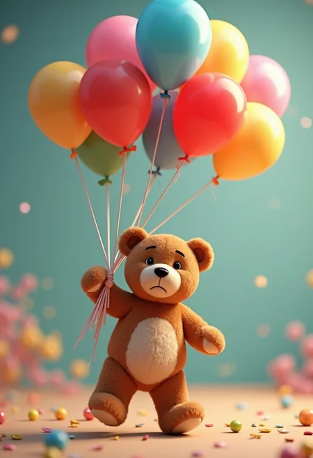 an adorable teddy bear that came to life, the teddy bear is holding a bunch of balloons and is almost floating away trying to hold on, one foot is off the ground and the teddy bear looks worried.animated using pixar's hyperion, the splash fluid simulation engine, PBR, volumetric lighting, global illumination, and ray tracing.