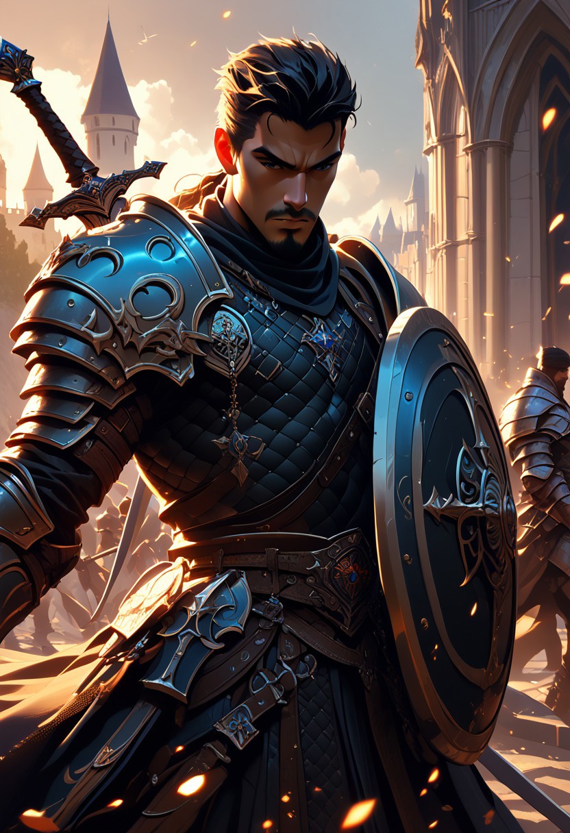 score_9, score_8_up, score_7_up,  warrior, large sword, castle, action, armor, shield, intricate details, fantasy