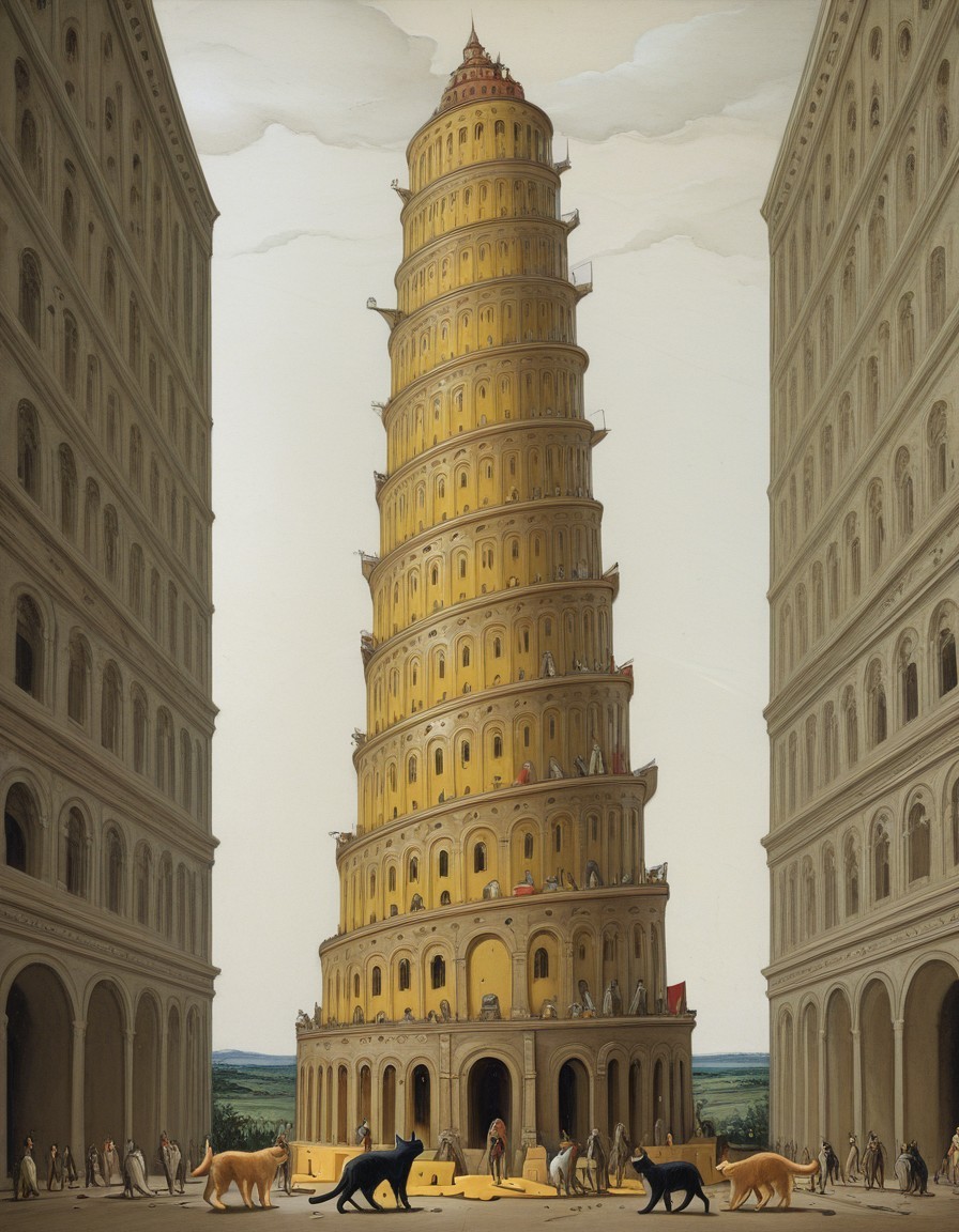 <lora:Tower_of_Babel:1> tower of babel ,built from random objects like cheese, books, toilets, cats walking upside down, surrealism art,masterpiece,best quality,amazing quality