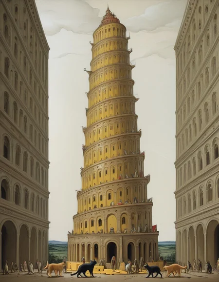 <lora:Tower_of_Babel:1> tower of babel ,built from random objects like cheese, books, toilets, cats walking upside down, surrealism art,masterpiece,best quality,amazing quality