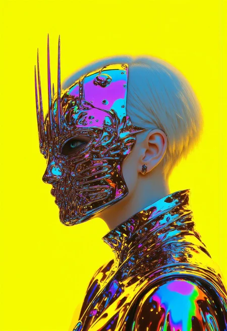 ((aidmaimageupgrader, aidmaMJ6.1, ne0nfant4sy)), Ultra-high definition, A hyper-realistic close-up digital portrait captures an adult woman in three-quarter profile with an 85mm f/1.4 lens, isolating her striking features. Her short, tightly permed white hair with side trims highlights her flawless porcelain skin. Inspired by avant-garde photographers like Tim Walker, the image radiates a surreal, futuristic vibe. Covering the left half of her face is a polished chrome mask, split horizontally with over 1,000 needle-like spikes that fan out in varied directions, creating a controlled yet chaotic aura. The chrome gleams with iridescence, catching neon hints of magenta, cyan, and lime green, casting vibrant reflections across the spikes. She wears an asymmetrical, avant-garde chrome outfit, adorned with sharp, triangular attachments reminiscent of Jean-Paul Gaultier and Alexander McQueen’s conceptual designs. A vivid neon yellow background saturates the frame, subtly illuminating her face and casting tints of yellow, orange, and maroon along her contours, enhancing the chrome’s surreal glow. The effect is a seamless blend of metallic coolness and neon warmth, creating a high-fashion, futuristic aesthetic that captures the eye and immerses the viewer in a world of hyper-modern surrealism.