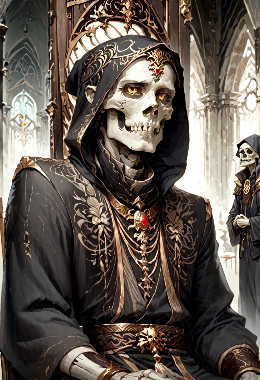 8k, score_9, score_8_up, score_7_up, Art Noveau, masterpiece, 1man (skeleton), (skull face), empty eye sockets, glowing yellow eyes, grey skin,
intricate black robe, intricate gold sash, black pants, black hood, gold trim, black capelet, high collar, pointy ears, long sleeves, long intricate gloves, emerald amulet. bracers,
sitting on throne, dark ruined palace, indoors,