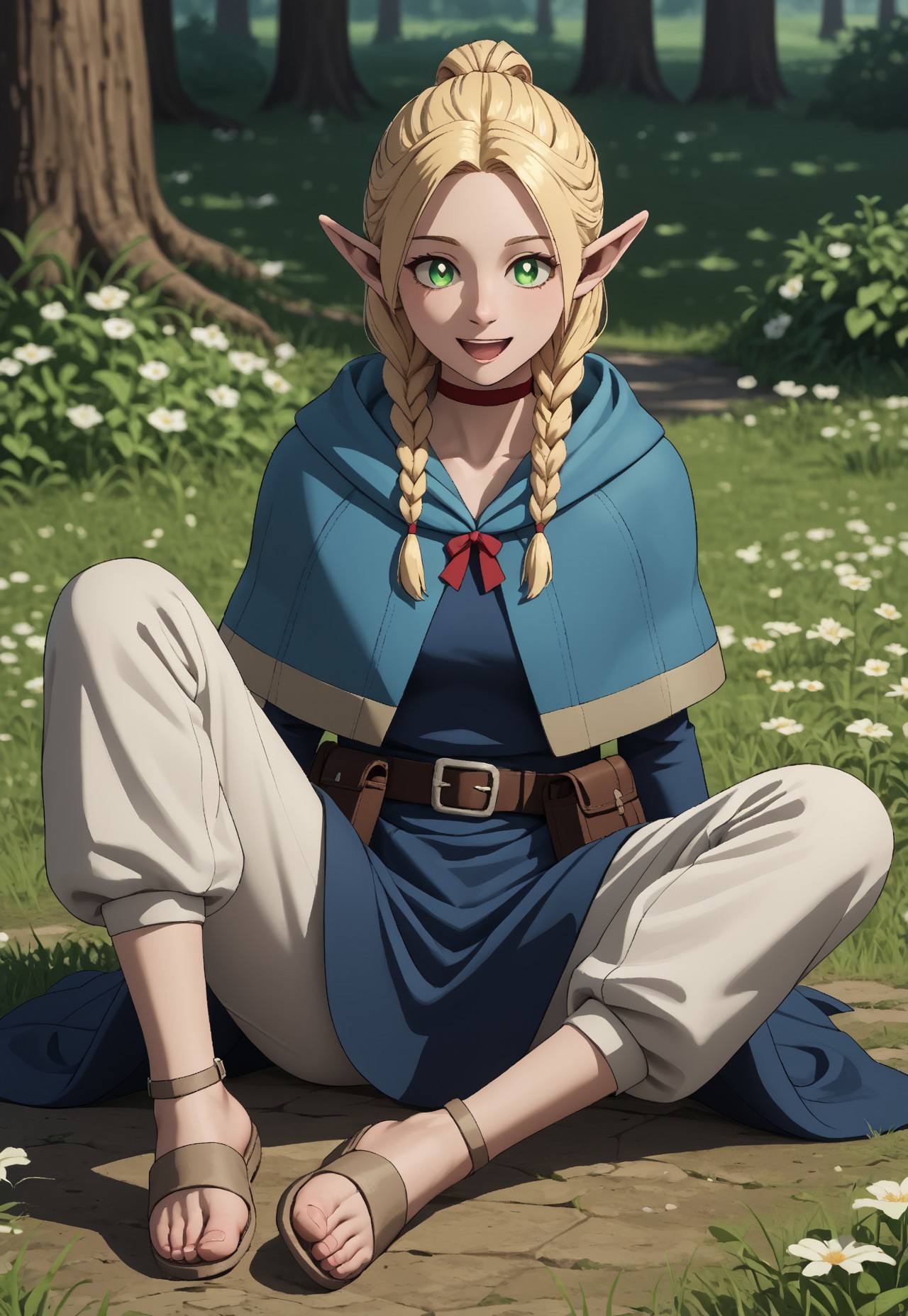 score_9, score_8_up, score_7_up, masterpiece, best quality, amazing quality, very aesthetic, absurdres, Dunmeshi_Marcille, 1girl, solo, female focus, pointy ears, blonde hair, green eyes, HairTwinbraids, red choker, blue hooded capelet, hood down, blue dress, furisode sleeves, brown belt, belt pouch, book holster, beige pants, beige sandals, perspective, dynamic angle, ultra-detailed, highly detailed, cinematic lighting, realistic shading, intricate details, soft lighting, high contrast, PDXLneg-NoAniPny, sitting, grass, on ground, outside, laughing, arm support, day, sun, tree, flower