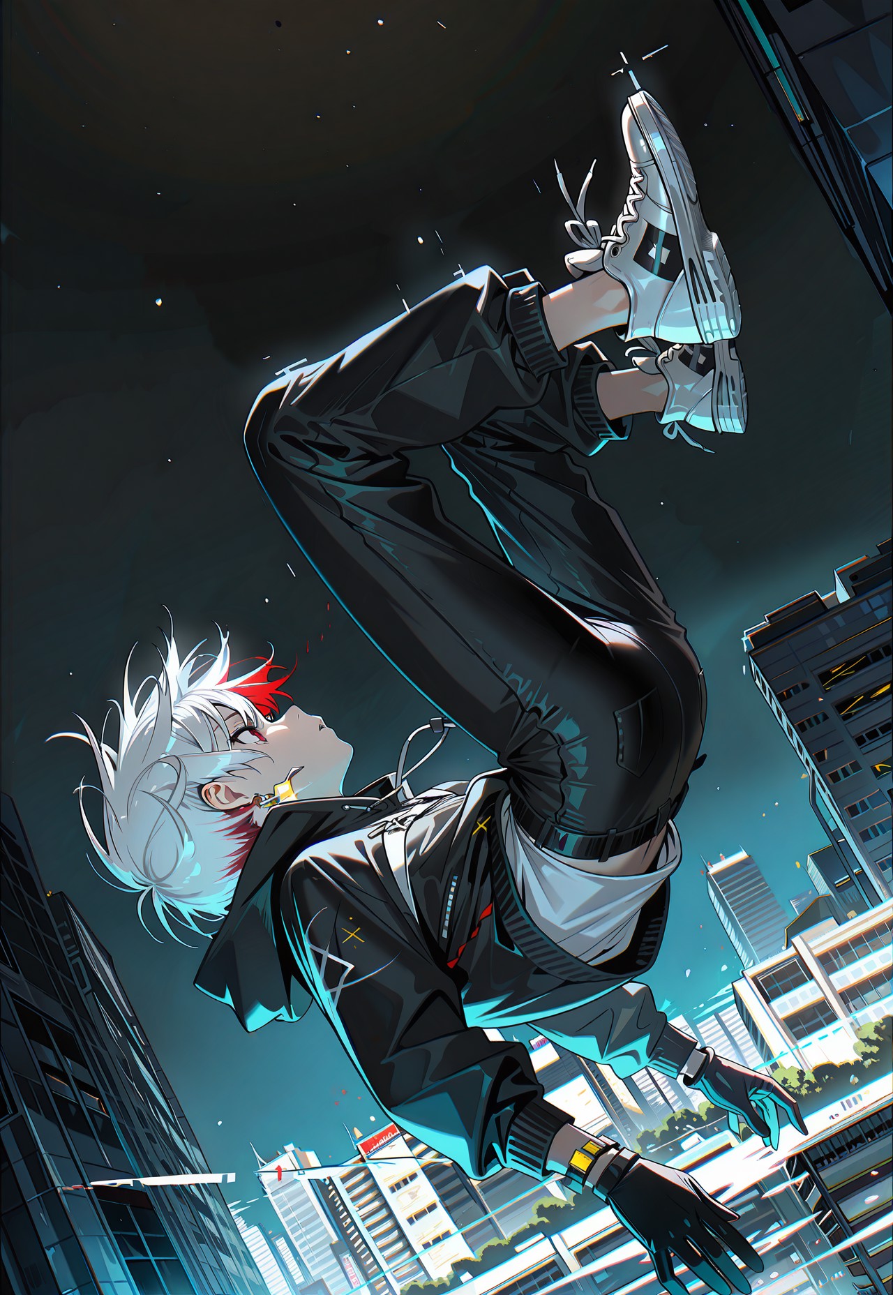 WALLPPR_ST, masterpiece, best quality, very aesthetic, high resolution, ultra-detailed, absurdres, newest, detailed eyes, beautiful, perfect lighting, hi res, amazing quality, very awa, painting_(artwork), dynamic angle, dynamic pose, WALLPPR_ST, WALLPPR_PS, detailed background, 1boy, male focus, building, shoes, black jacket, black pants, falling, sneakers, city, long sleeves, floating, white footwear, glitch, hood, shirt, gloves, jewelry, full body, white hair, earrings, multicolored hair, night, short hair
