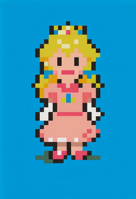 score_9, score_8_up, score_7_up, source_anime, 1girl, smile, <lora:EarthboundSpriteStyle-pdxl:1> pixel art, full body, standing, chibi, looking at viewer, blue background, princess peach, crown, blonde hair, pink dress, long hair, elbow gloves