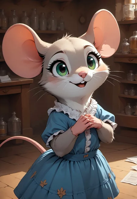 score_9, score_8_up, score_7_up, score_6_up, score_5_up, score_4_up, 
[][][][][] 
m0use_goldie, cute, grey fur, green eyes, 
[][][][][] 
(solo), frilly shirt, blue skirt, (feral, cute:1.9), (upper body shot),  indoors, annoyed expression, (behind desk:1.5), papers, paperwork, clutter, (side view), (arms folded:2), (shelves, bottles, potions:1.2), high angle view, ((mouse tail)), open mouth, (blurry background, depth of field:2)