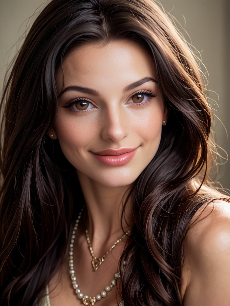 Score_9, score_8_up, score_7_up, bignoselady, large nose, aquiline,  <lora:Big_Nose_Ladies:.8>, 1girl, solo, smile, jewelry, necklace, black hair, long hair, pose, looking at viewer, brown eyes, profile, (big lips), cupids bow, bow shaped lips, parted lips