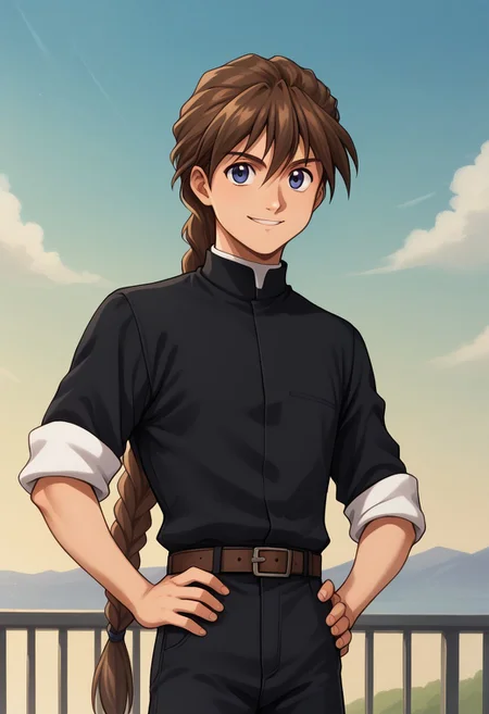 score_9, score_8_up, score_7_up, source_anime, highly detailed,
duomaxwell, 1boy, male focus, solo, brown hair, braid, single braid, long hair, hands on hips, smile, very long hair, blue eyes, shirt, black shirt, sleeves rolled up, belt, black pants, priest collar
outdoor, sky,
