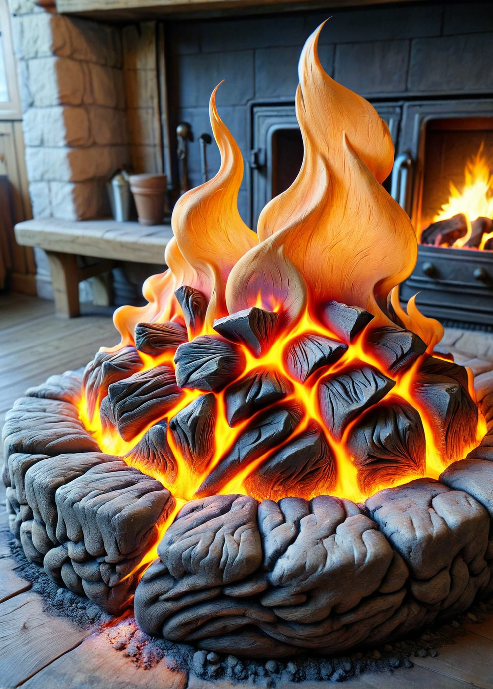 An ais-rghhwn fire crackling in a hearth, its flames resembling molten metal being forged <lora:ais-rghhwn-sdxl:1>