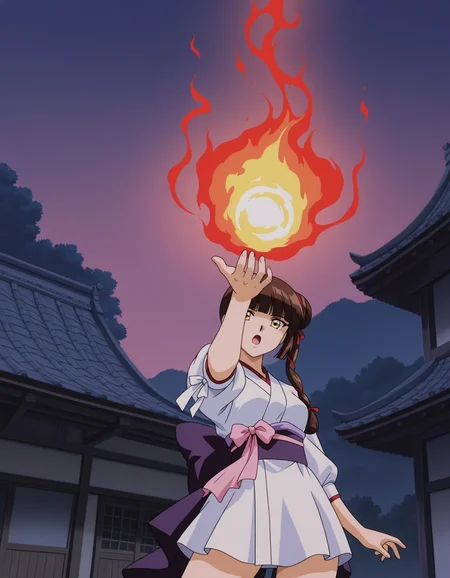 absurdres,highres,masterpiece,best quality,amazing quality,outdoors,
foreshortening,(anime screencap:0.8),(VPMTV97 \(style\):0.8),
looking at viewer,dynamic pose,
night,east asian architecture,town,
open mouth,((cowboy shot,close-up)),
standing,fighting stance,holding fireball,fire aura,one hand up,reaching towards viewer,
BREAK
<lora:vampire_princess_miyu_illuV01_b3g2plw09c08_d16a8_lr1600_rvs:1>,
Miyu_VPMTV,brown hair,long hair,red tress ribbon,single side bun,single braid,hair over shoulder,blunt bangs,yellow eyes,white short kimono,puffy sleeves,three-quarter sleeves,white sleeve cuff ribbon,pink waist ribbon,purple sash,purple back bow,
