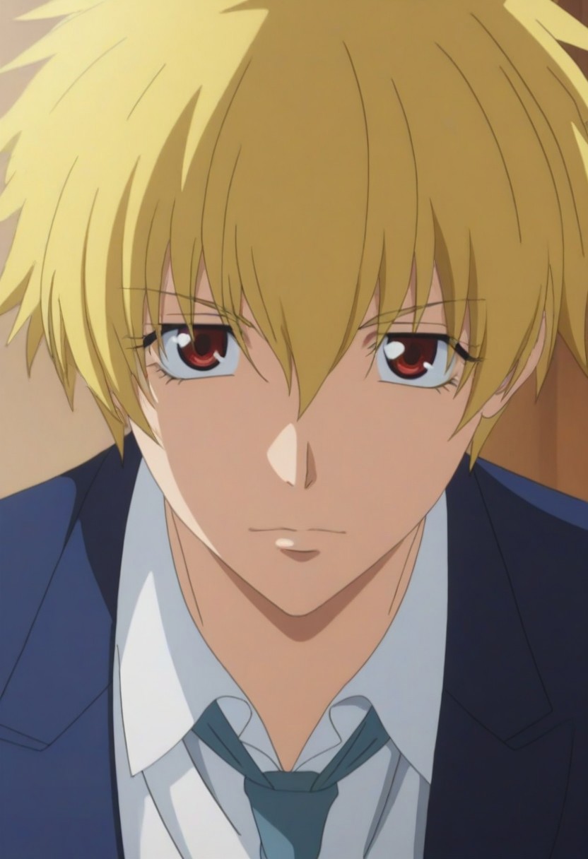 1male, solo male only, single male only, one character only, anime, male focus, Kuuga Sakurai, blonde hair, red-brown eyes, beautiful eyes, perfect eyes, school uniform, blue blazer, open blazer, necktie, head only, head to chest shot, front view 
looking at viewer, cafe shop