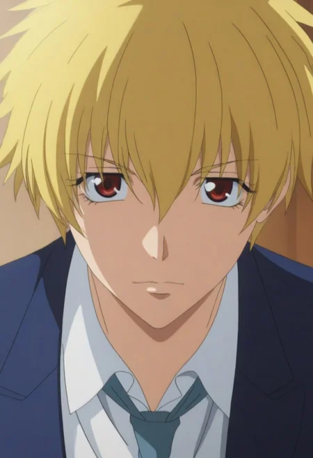 1male, solo male only, single male only, one character only, anime, male focus, Kuuga Sakurai, blonde hair, red-brown eyes, beautiful eyes, perfect eyes, school uniform, blue blazer, open blazer, necktie, head only, head to chest shot, front view
looking at viewer, cafe shop