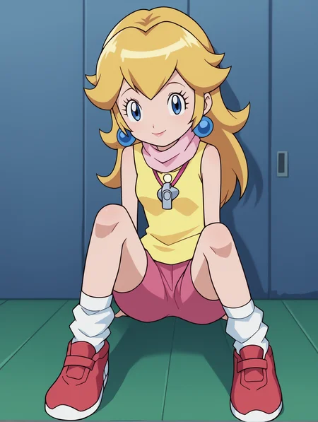 score_9, score_8_up, score_7_up, score_6_up, score_5_up, score_4_up, source_anime, BREAK
looking at viewer, <lora:Digimon:0.8> digimon, 1girl, solo, <lora:princess-peach-ponyxl-lora-nochekaiser:0.8> princess peach, blonde hair, blue eyes, long hair, (yellow shirt, sleeveless, pink scarf, pink shorts, white socks, red shoes, whistle)