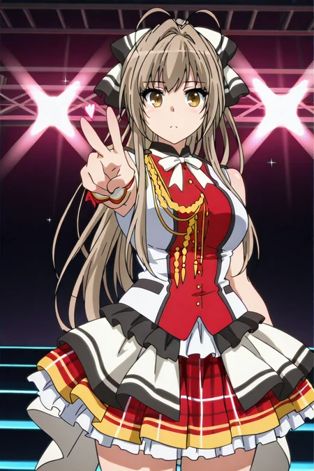 shiny skin, posing,
<lora:amabri.il:1.0>,
amabri,
isuzu, sleeveless, idol costume,
hearts, glitter, sparkle, stage, stage light, bloom, standing side, looking at viewer, peace,