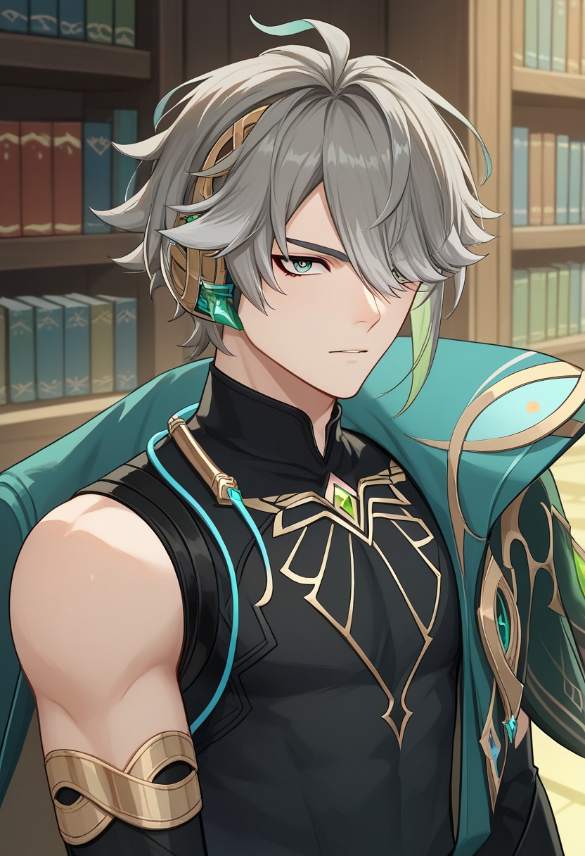 score_9, score_7_up, source_anime
Alhaitham, 1boy, male focus, solo, green eyes, grey hair, streaked hair, short hair, ahoge, swept bangs, hair over one eye, headphones, shirt, black shirt, sleeveless shirt, compression shirt, jewelry, chest jewel, gem, green gemstone, gold trim, cape, green cape, vision (genshin impact), single off shoulder, elbow gloves, black gloves, partially fingerless gloves,
indoor, library