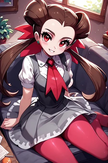 score_9, score_8_up, score_8, medium breasts, (curvy), cute, eyelashes,       BREAK, , ,,,   zzRoxanne, red eyes, long hair, brown hair, twintails, hair pulled back, pantyhose, ascot, grey dress, short sleeves, ribbon, shirt, hair ribbon, <lora:Roxanne_Pokemon_PDXL:1.0>, ,,, , BREAK, ,,, smile, looking at viewer, blush, blurry, couch, sitting, ,,, shiny skin, <lora:ProAnime_PDXL_v1:0.7>, ,,, embedding:zPDXL, Expressiveh, <lora:SDXLFaeTastic2400:0.5>, <lora:Expressive_H-000001:0.4>,