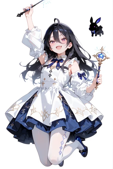perfect quality,high quality,masterpiece,best quality,amazing quality,very aesthetic,Cinematic Lighting,newest,Tactical use of shadow,
1girl,solo,long hair,black hair,hair between eyes,ahoge,purple eyes,AyanoKimishima Cyql,
dress,open mouth,wand,holding wand,bow,rabbit,fang,pantyhose,holding,smile,looking at viewer,blue footwear,full body,blue nails,white pantyhose,high heels,detached sleeves,blush,arm up,nail polish,long sleeves,white background,puffy sleeves,jumping,argyle clothes,white dress,argyle legwear,,
<lora:96YOTTEA-WAI:0.3>,<lora:EtherSDXL:0.4>,<lora:illustrious_all_rated_v1:0.5>,<lora:spo_sdxl_10ep_4k-data_lora_webui:0.6>,<lora:ponyv5_noobV065S_1_adamW:0.7>,<lora:748cmSDXL:0.8>,,<lora:Ayano Kimishima_Illustrious by Cyql:1>,